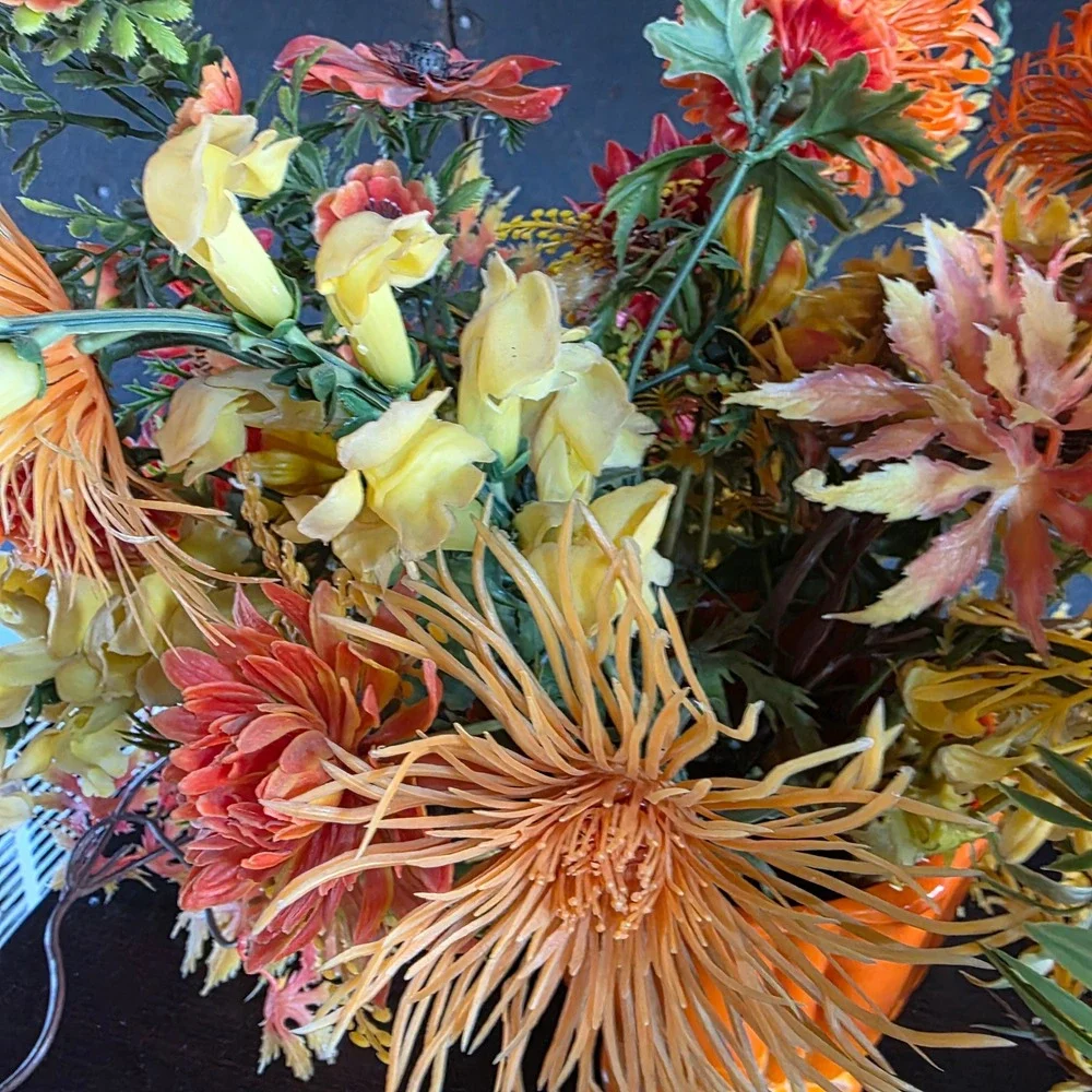 60s Plastic Flower Power Arrangement Orange Autumn Groovy in Slag Glass Vase